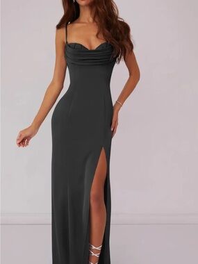 Azazie Black Mermaid Corset Stretch Satin Dress with Side Slit